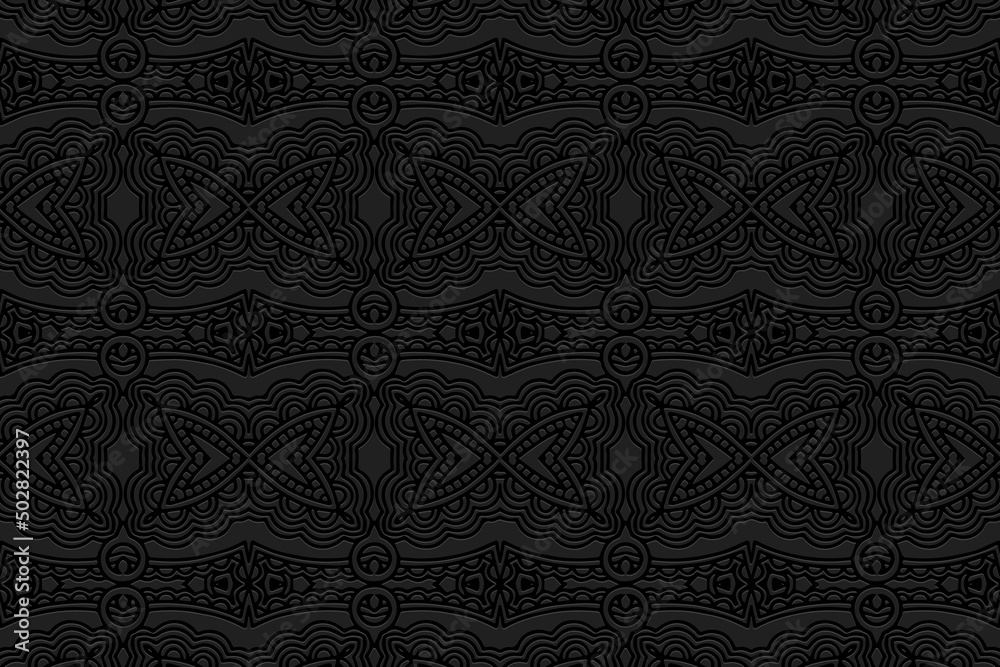 ©  swetazwet - Vintage embossed black background, exotic cover design. Geometric decorative 3D pattern, ethnic texture in hand drawn style. Oriental, Asian, Indian, Mexican, Aztec, Peru motifs.