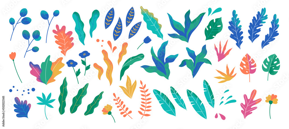 Botanical futuristic leaves and flowers isolated on a white background. Abstract modern foliage collection. Vector modern illustrations in flat style. Botanical futuristic leaves and flowers isolated on a white background. Abstract modern foliage collection. Vector modern illustrations in flat style.