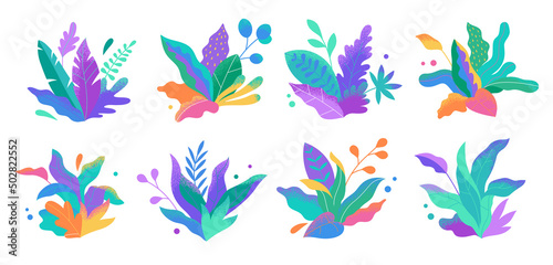 Botanical futuristic leaves and flowers isolated on a white background. Abstract modern foliage collection. Cartoon bushes. Vector modern illustrations in flat style.
