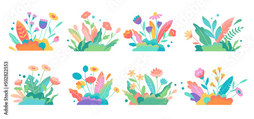 Botanical futuristic leaves and flowers isolated on a white background. Abstract modern foliage collection. Cartoon bushes. Vector modern illustrations in flat style.