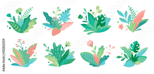 Botanical futuristic leaves and flowers isolated on a white background. Abstract modern foliage collection. Cartoon bushes. Vector modern illustrations in flat style.
