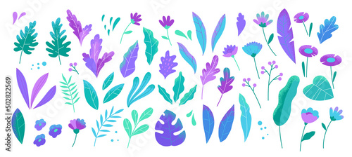Botanical futuristic leaves and flowers isolated on a white background. Abstract modern foliage collection. Vector modern illustrations in flat style.