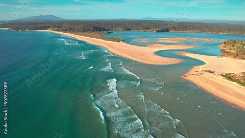 New South Wales wilderness aerial panorama. Tuross river and sea coast nature photo