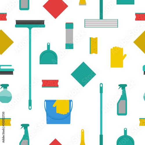 Hand drawn seamless pattern with cleaning tools. Means to maintain cleanliness. Flat. Vector.