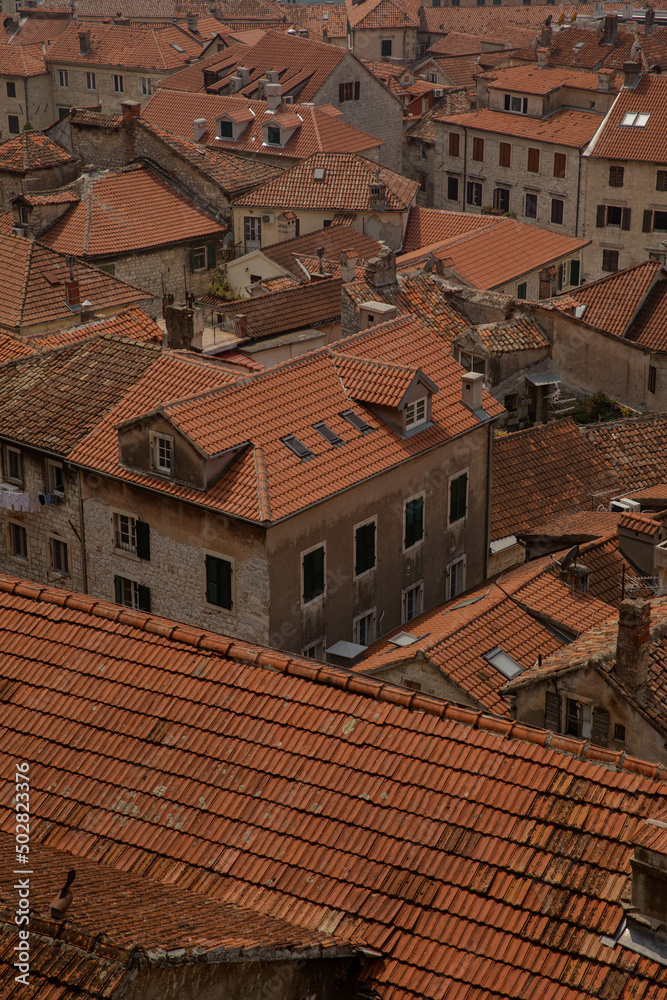 Top view on the brown roofs of the old town. Beautiful antique architecture. Old shingles. Urban aesthetics. Kotor, Montenegro