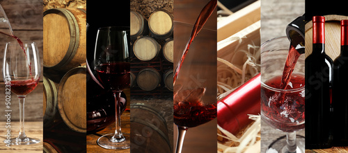 Beautiful collage with different photos of wine. Banner design