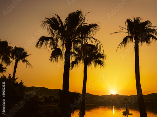 Sunset on a Tropical Island. Palm trees, sea and sun, luxury vacation and travel concept