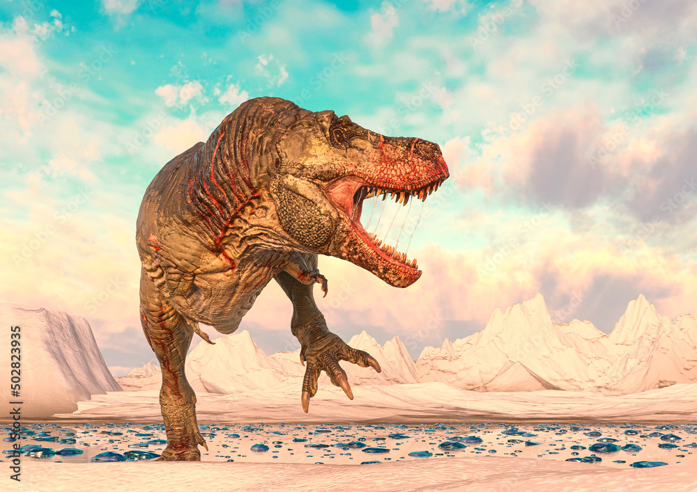 Fototapeta premium tyrannosaurus rex is under attack on ice land