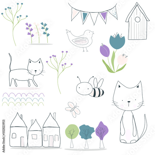 set of cats , bird ,bee,flowers, trees and house.