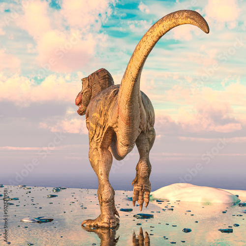 tyrannosaurus rex is walking on ice land rear view