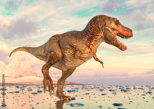 tyrannosaurus rex is walking on ice land side view