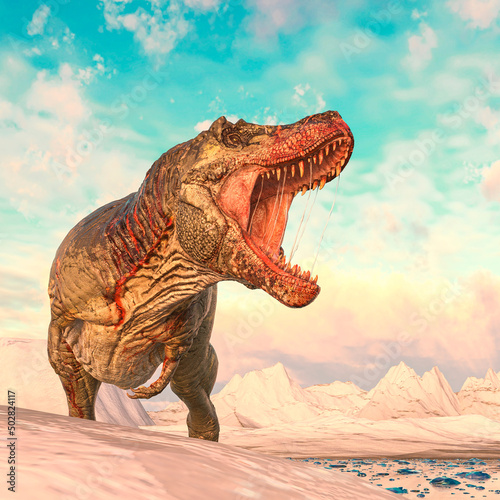 tyrannosaurus rex is angy on ice land side view © DM7