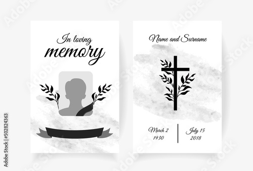 Funeral card template design with branches place under photo cross name and dates of death. Vector illustration in black and white