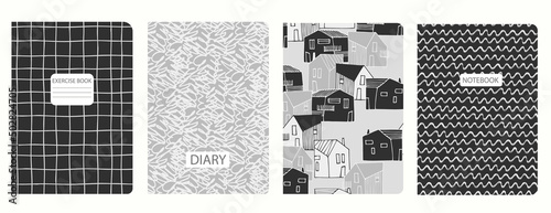 Cover page vector templates based on patterns with townscapes, grid pattern. Backgrounds for notebooks, notepads, diaries, presentations. Headers isolated and replaceable