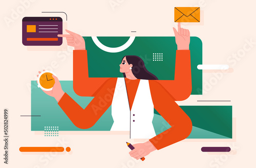 Multitasking, personal productivity. Effective business woman managing multiple tasks. Time, project management concept. Busy girl with many hands at work. Isolated flat vector illustration photo