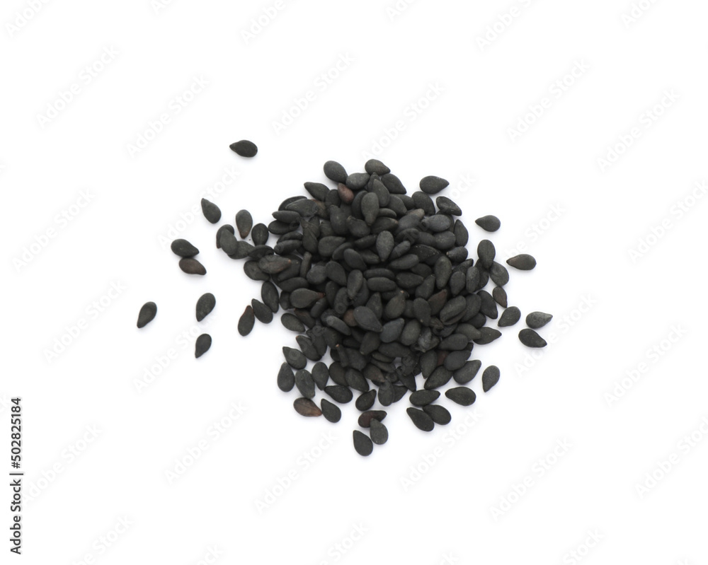 Heap of black sesame seeds on white background, top view Heap of black sesame seeds on white background, top view