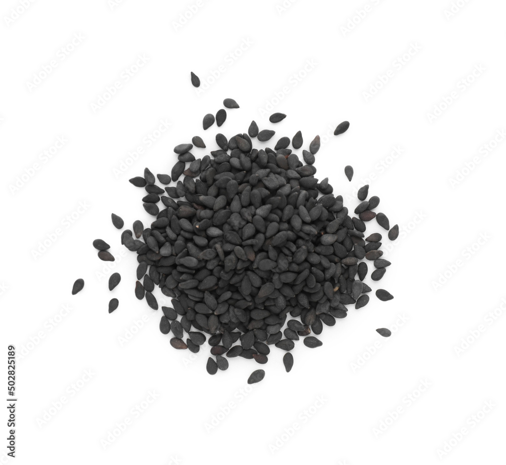 Heap of black sesame seeds on white background, top view