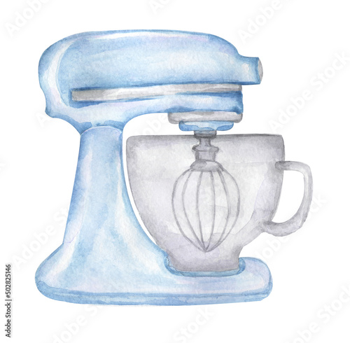 Obraz na plátně Watercolor blue mixer clip art, whipping illustration, hand drawn baker utensil,