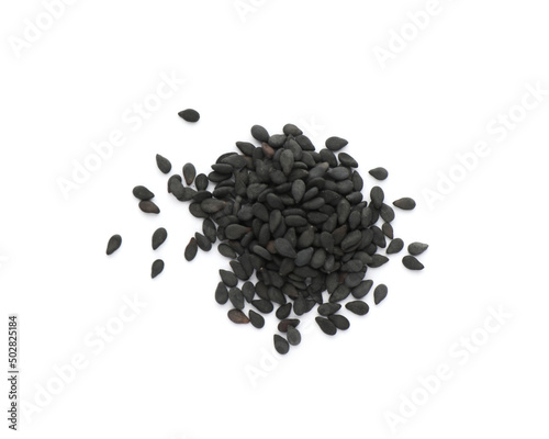 Heap of black sesame seeds on white background, top view