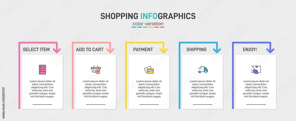 Concept of shopping process with 5 successive steps. Five colorful graphic elements. Timeline design for brochure, presentation, web site. Infographic design layout. Concept of shopping process with 5 successive steps. Five colorful graphic elements. Timeline design for brochure, presentation, web site. Infographic design layout.
