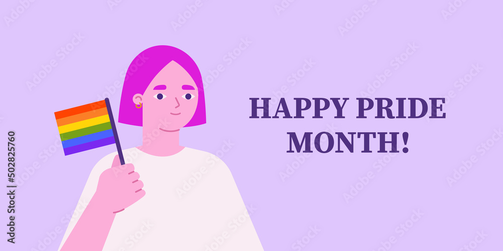 Happy pride month. Female holding rainbow flag Happy pride month. Female holding rainbow flag