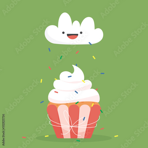 Vanilla cream cake with confetti rain. Cloud with a smile. Holiday emotions. Vector isolated image on a green background.