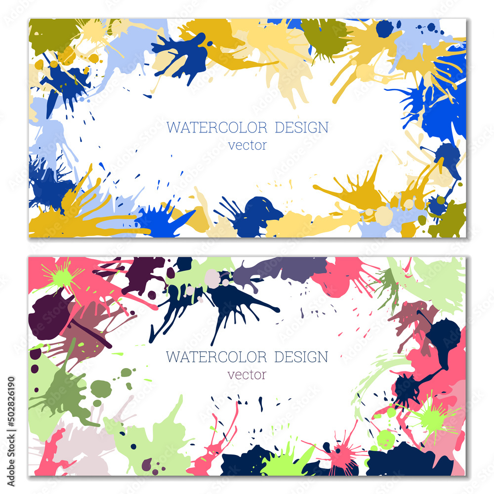 Splashes of paint. Blots. A set of two creative bright watercolor backgrounds. Banner, cover design. Artistic design in abstract style.