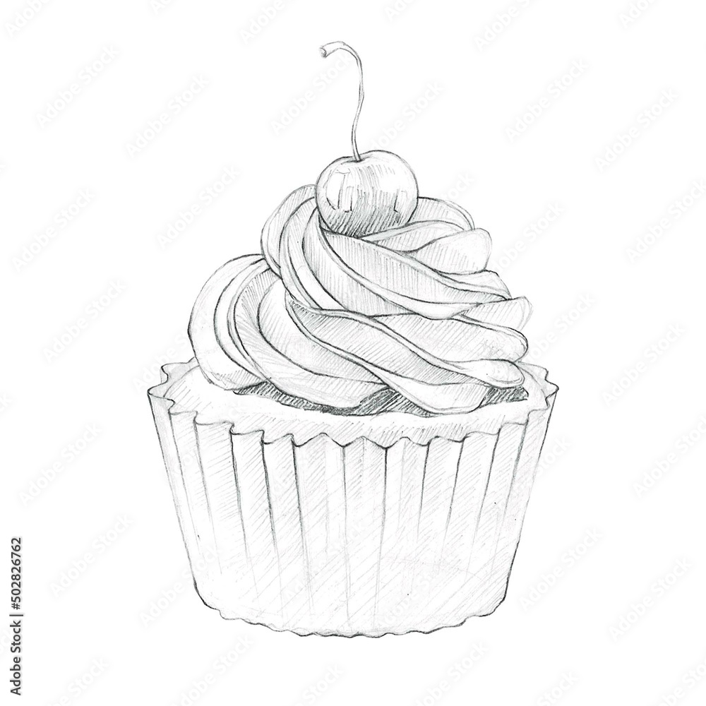 Hand Drawn Cupcake. Black And White Sketch Illustration Of Cute Creamy 