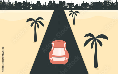 The car is driving along the road towards the city. Automobile and urban landscape art. Vector illustration of sports car, road, palm trees and city.