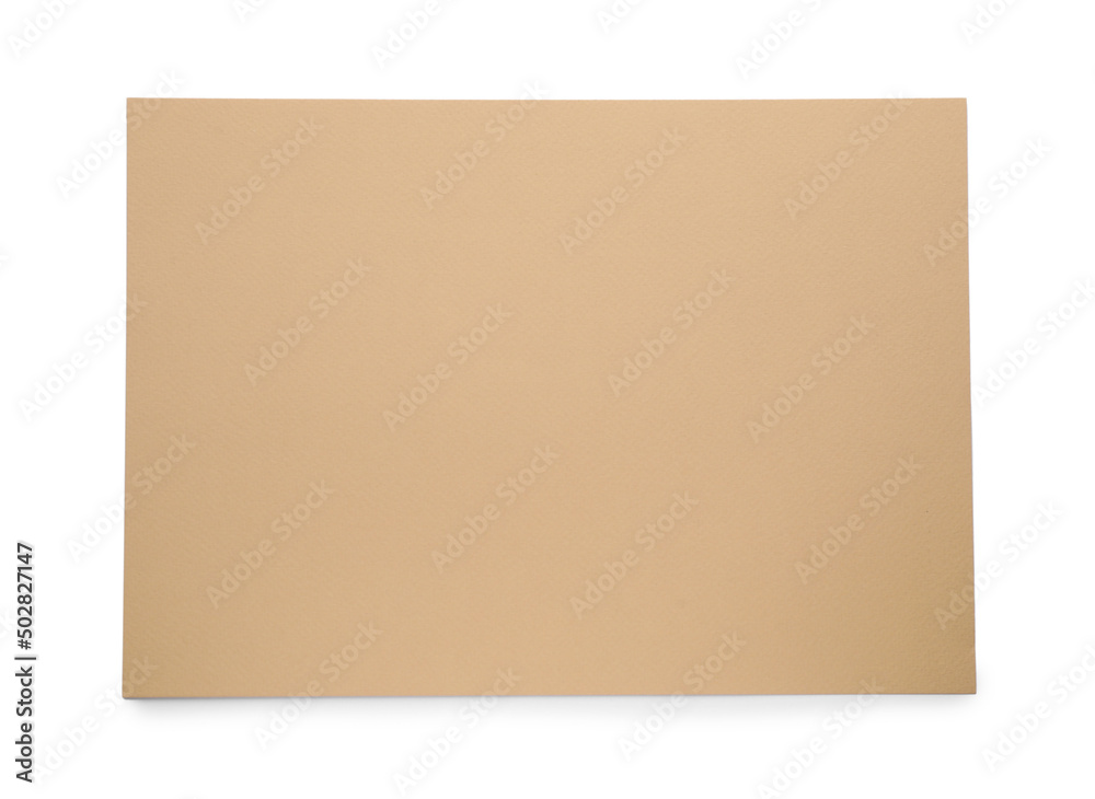Sheet of brown paper on white background, top view