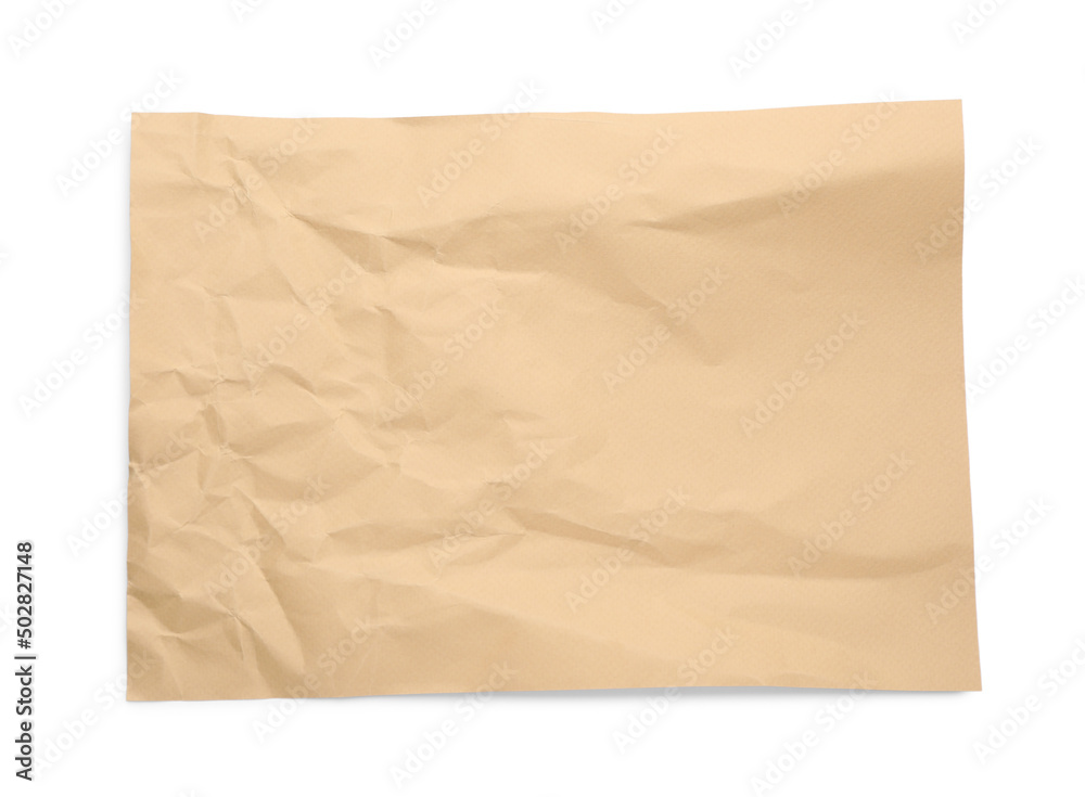 Sheet of crumpled brown paper on white background, top view