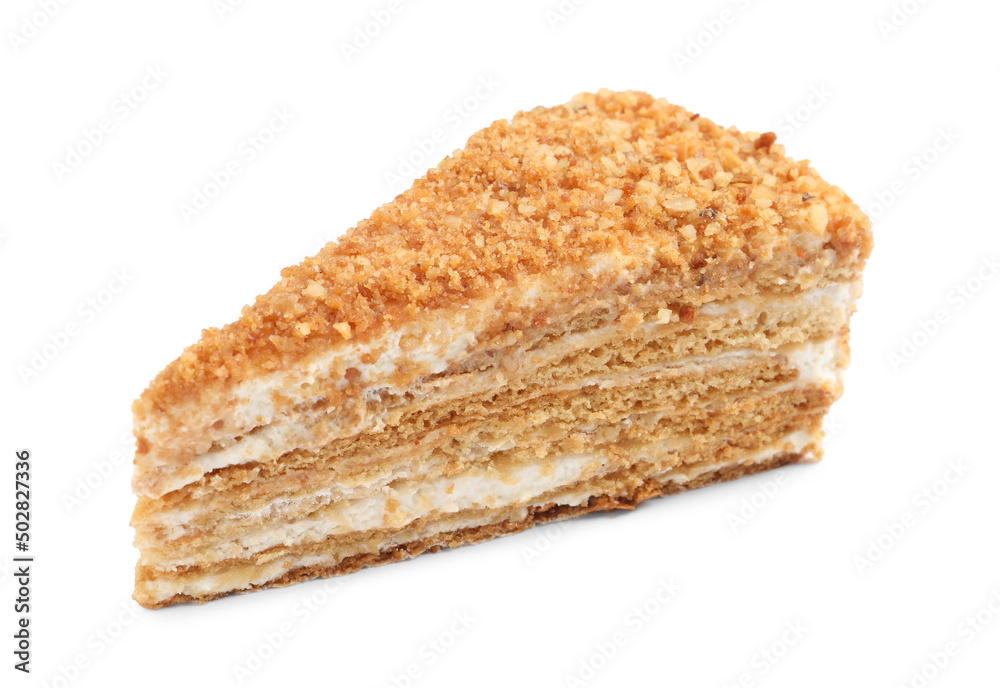 Slice of delicious honey cake isolated on white Slice of delicious honey cake isolated on white