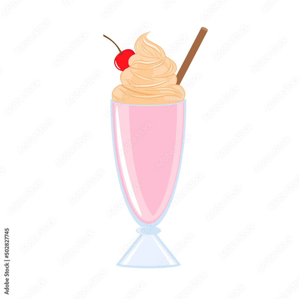 Cup of milkshake with cream and cherry on top. Vector illustration cartoon flat icon isolated on white