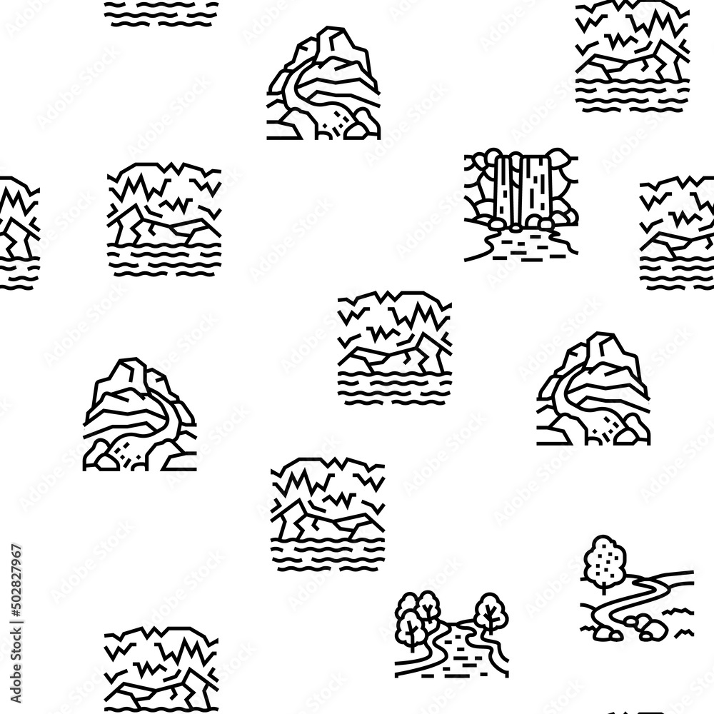 River And Lake Nature Landscape Vector Seamless Pattern Thin Line Illustration