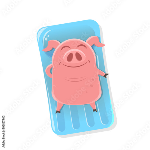 funny illustration of a cartoon pig lying on an air mattress
