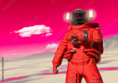 Fototapeta Naklejka Na Ścianę i Meble -  astronaut is checking the air in the desert of another planet after rain with copy space