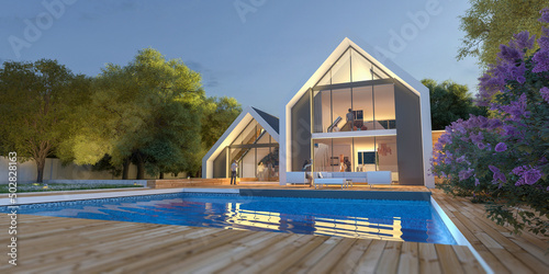 Modern pitched roof villa with pool and garden