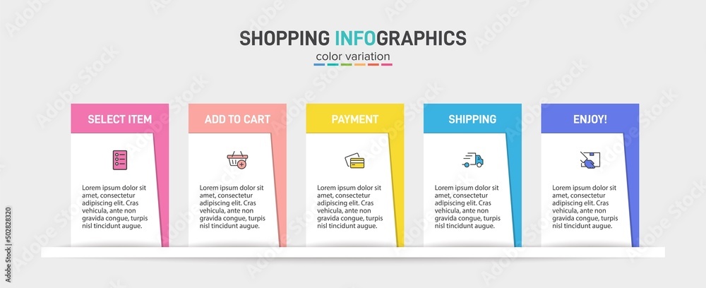 Concept of shopping process with 5 successive steps. Five colorful graphic elements. Timeline design for brochure, presentation, web site. Infographic design layout. Concept of shopping process with 5 successive steps. Five colorful graphic elements. Timeline design for brochure, presentation, web site. Infographic design layout.