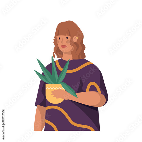 Girl with houseplant or aloe, vector icon