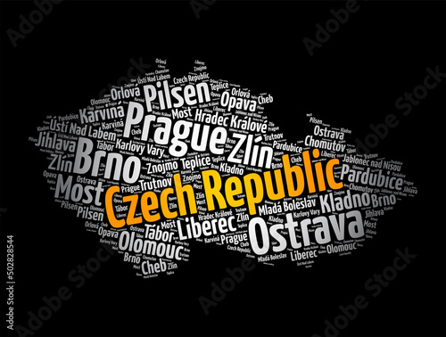 List of cities and towns in Czech Republic, map word cloud collage, business and travel concept background