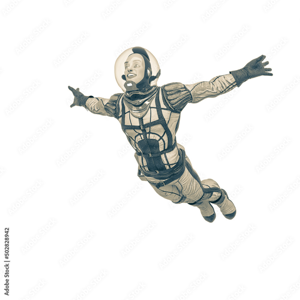 retro space astronaut smiling and jumping