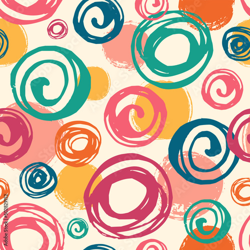 Seamless vector pattern with circles and swirls retro color palette.