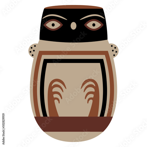Stylized owl bird in egg shape. Ancient Peruvian animal design. Native American art. Nazca pottery.