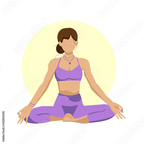 yoga girl in violet clothes siting in lotus position in meditation on the poster in a yoga center, vector faceless flat style	
