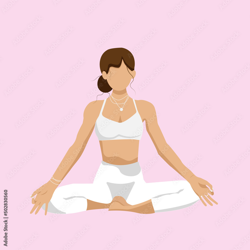 yoga girl in white clothes siting in lotus position in meditation on the poster in a yoga center, vector faceless flat style	