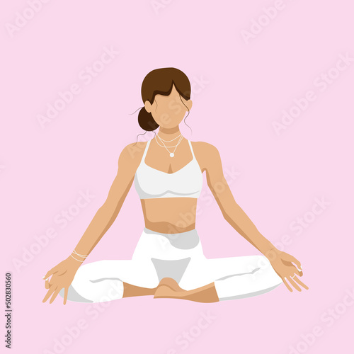 yoga girl in white clothes siting in lotus position in meditation on the poster in a yoga center, vector faceless flat style	