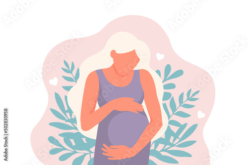 Happy pregnant woman holds her belly. Pregnancy resources type. Happy pregnancy. Flat vector illustration