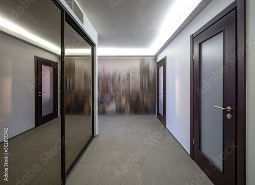 Modern interior of entrance hall in house. Mirror sliding door wardrobe.