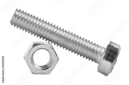 Metal hex bolt with nut isolated on white