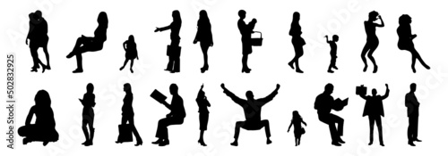 Vector silhouettes, Outline silhouettes of people, Contour drawing, people silhouette, Icon Set Isolated, Silhouette of sitting people, Architectural set	
